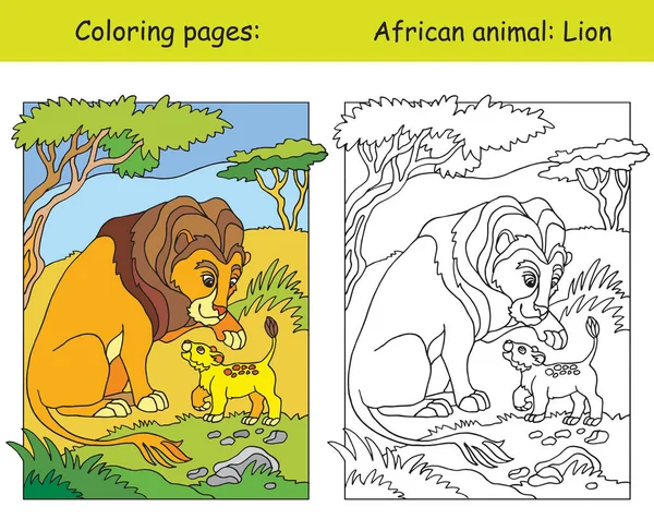 Coloriages Vectoriels Avec Une Jolie Famille Lions Dans Zone Africaine — Image vectorielle