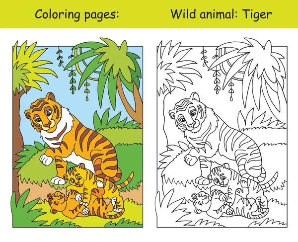 Coloriages Vectoriels Avec Une Jolie Famille Tigres Forêt Dessin Animé — Image vectorielle