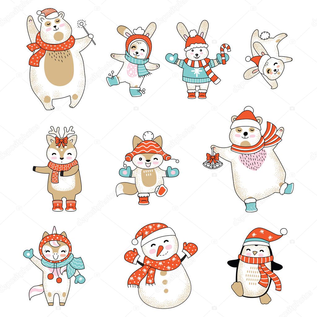 Vector set of cute animals cartoon characters isolated on white. Rabbit, bear, deer, fox, unicorn, snowman, penguin in winter clothes. Christmas concept. For stickers, decor, design, cards and print.