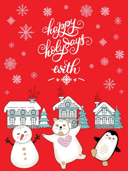 Wektor Ilustracja Bożego Narodzenia Domów Płatki Śniegu Niedźwiedź Pingwin Bałwan — Wektor stockowy