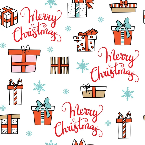 Vector Seamless Pattern Illustration Christmas Presents Boxes Snowflakes Isolated White — Stock Vector