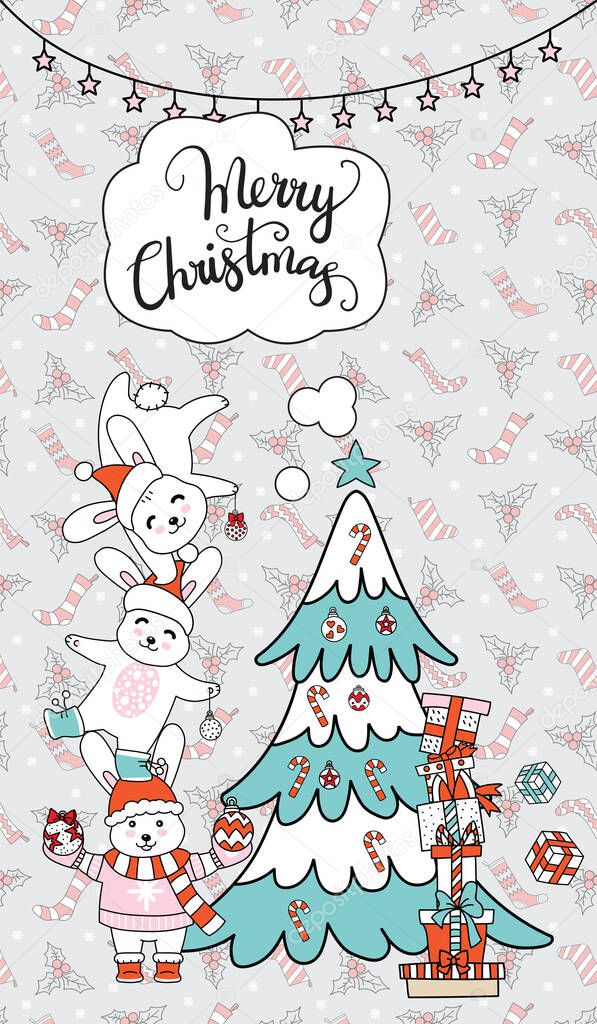 Greeting card, Christmas card with cute funny rabbits, Christmas tree and lettering Merry Christmas. Vertical vector illustration on grey background. For decor,design,congratulation cards, print