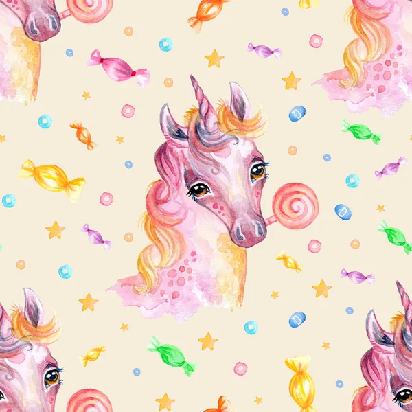 Cute pink unicorn with colorful candies isolated on sunlight background. Watercolor seamless pattern. Illustration for party, print, baby shower, wallpaper, fabric, design, decor,design cushion.