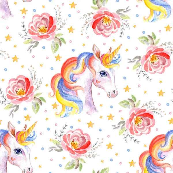 Cute white unicorn with rainbow mane and rose flower isolated on white background. Watercolor seamless pattern. Illustration for party, print, baby shower, wallpaper, design, decor,design cushion.
