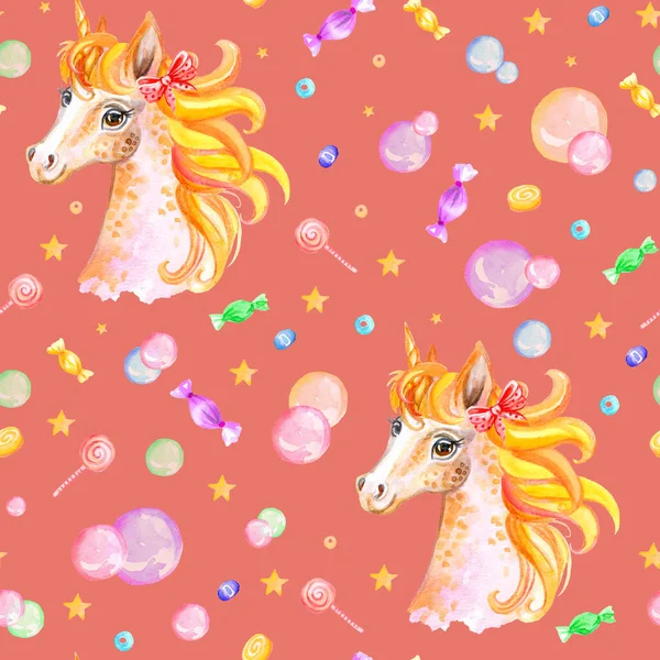 Cute Unicorn Yellow Mane Candies Stars Soap Bubbles Pink Coral — Stock Photo, Image