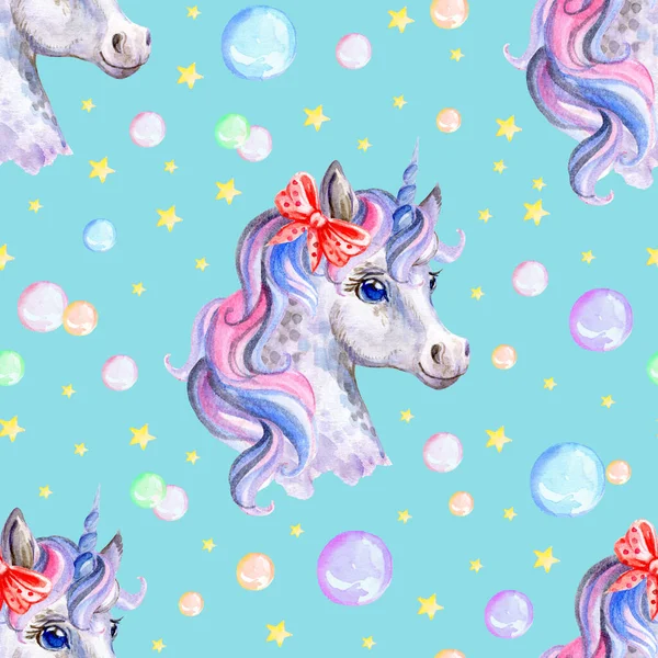 Cute unicorn with soap bubbles isolated on blue background. Watercolor seamless pattern. Illustration for party, print, fabric, wallpaper, design, decor,design cushion, baby shower.