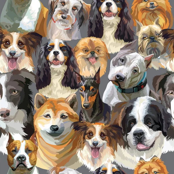 Vector Patrón Sin Semblante Con Perros Realistas Razas Retratos Fondo — Vector de stock