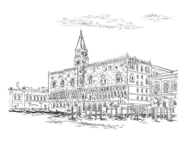 Venedik 'teki Doges Palace' ın robot resmini çiziyor. Venedik silueti, beyaz arka planda siyah renkli çizilmiş. Seyahat konsepti. Yazdırma ve tasarım.
