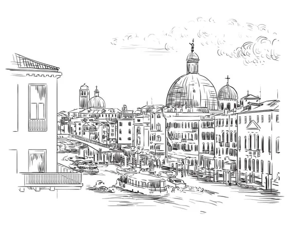ヴェネツィアのグランドキャナルのベクトル手描きスケッチイラスト ヴェネツィアのスカイラインの手の白い背景に隔離された黒の色でスケッチを描いた 旅行のコンセプト デザインの場合 — ストックベクタ