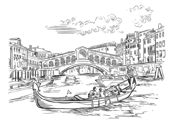 베네치아의 그란데 운하에 리알토 다리의 베니스의 스카이라인 스케치는 색으로 배경에 — 스톡 벡터