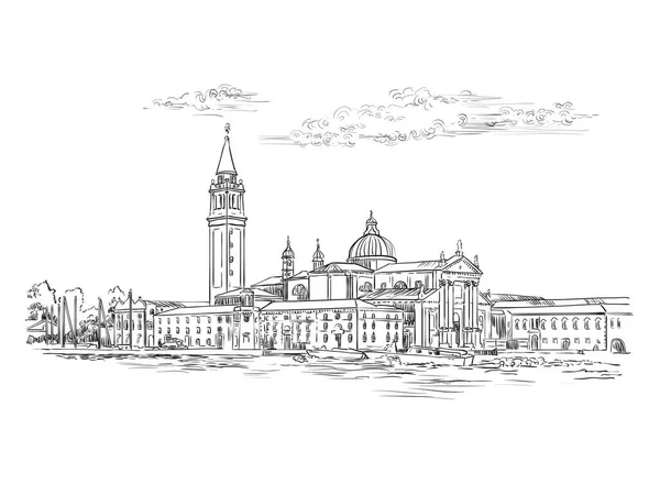 Vector Hand Drawing Sketch Illustration Venice Panorama Skyline View Venice — Archivo Imágenes Vectoriales