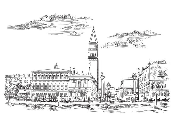 Векторный эскиз площади Святого Марка в Венеции. Венецианский набросок черного цвета, нарисованный вручную на белом фоне. Концепция путешествия. Для печати и дизайна.