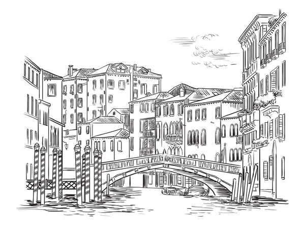 威尼斯运河上大桥的矢量手绘图解 威尼斯城市景观手绘素描 背景为白色 旅行概念 用于印刷和设计 — 图库矢量图片