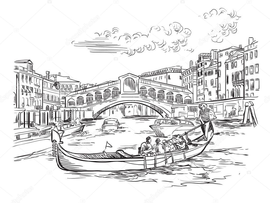 Vector hand drawing sketch illustration of Rialto Bridge on Grand Canal in Venice. Venice skyline hand drawn sketch in black color isolated on white background. Travel concept. For print and design.