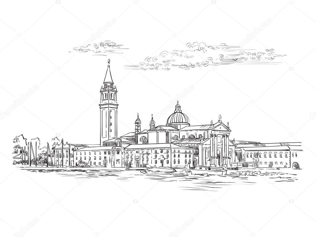 Vector hand drawing sketch illustration of Venice panorama skyline view. Venice hand drawn sketch in black color isolated on white background. Travel concept. For print and design.