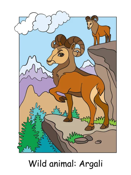 Vector Colorful Illustration Cute Argali Mountain Area Cartoon Contour Illustration — Διανυσματικό Αρχείο