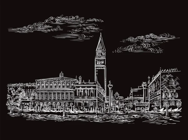 Vektor Hand Ritning Skiss Illustration Marks Square Venedig Venedig Skyline — Stock vektor