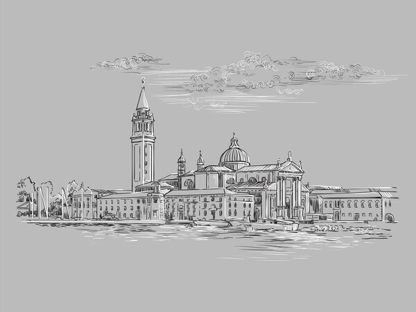 Векторный ручной рисунок иллюстрации панорамного вида на Венецию. Венецианский ручной рисунок в монохромных цветах, выделенных на сером фоне. Концепция путешествия. Для печати и дизайна.