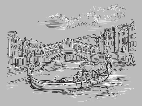 Vektor Hand Rita Skiss Illustration Rialtobron Canal Grande Venedig Venedig — Stock vektor