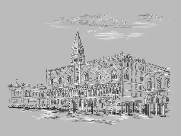 Vektor Hand Rita Skiss Illustration Hundar Palace Venedig Venedig Skyline — Stock vektor