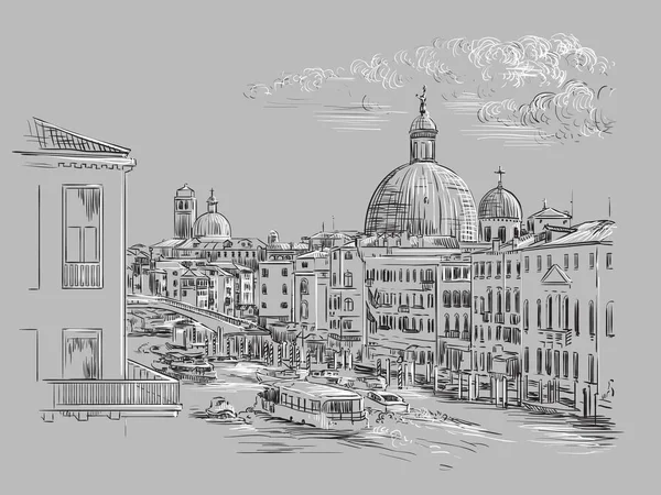 威尼斯大运河的矢量手绘草图 威尼斯天际线手绘草图 颜色为单色 背景为灰色 旅行概念 用于印刷和设计 — 图库矢量图片