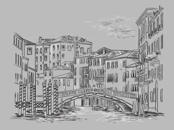 Dibujo Mano Vectorial Ilustración Puente Sobre Canal Venecia Venecia Paisaje — Vector de stock