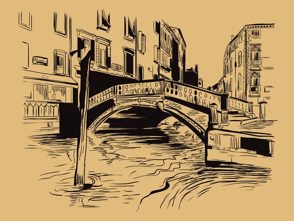 ヴェネツィアの運河のベクトル手描きスケッチイラスト ベージュの背景に隔離された黒い色で描かれたヴェネツィアのスカイラインハンドスケッチ 旅行のコンセプト デザインの場合 — ストックベクタ