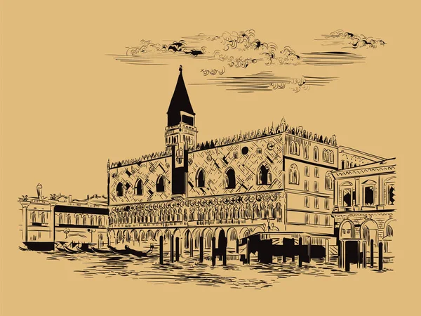 Wektor Ręcznie Rysunku Szkic Ilustracja Doges Palace Wenecji Wenecja Skyline — Wektor stockowy