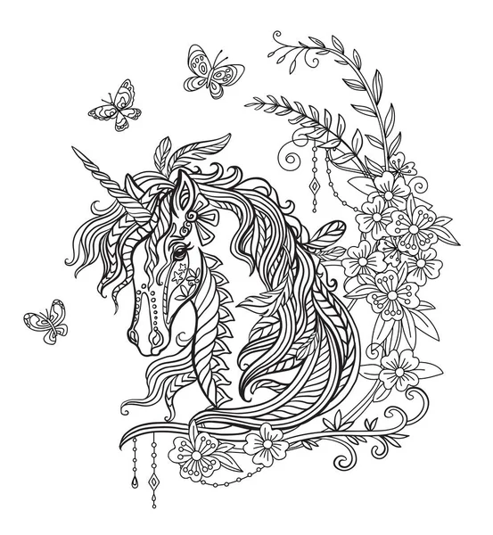 Menggambar Potret Unicorn Yang Terisolasi Dengan Gaya Tangle Surai Panjang - Stok Vektor