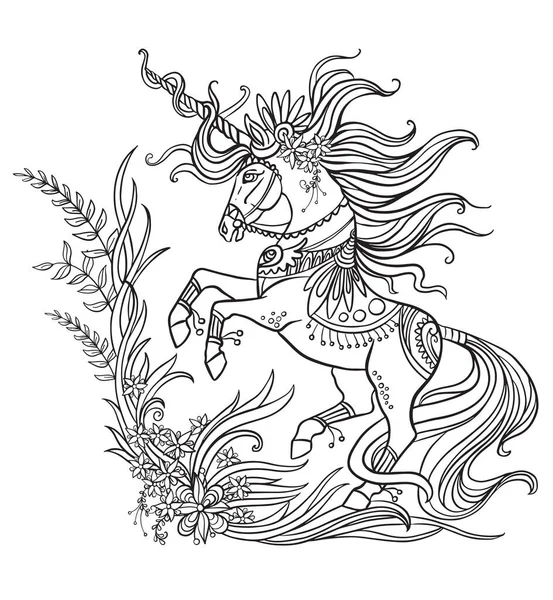 Drawing Isolated Unicorn Long Mane Tangle Style Adult Coloring Book — Stock Vector