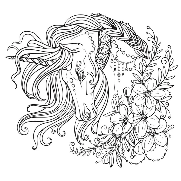 Zeichnung Eines Einhorns Mit Langer Mähne Und Blumen Wirrwarr Stil — Stockvektor
