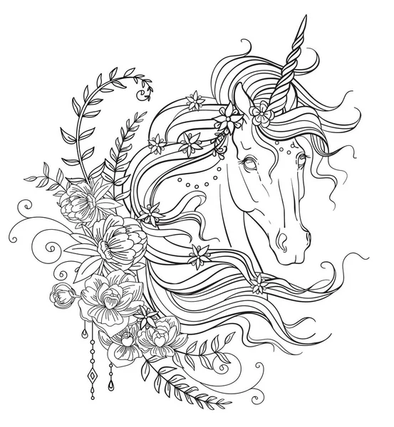 Menggambar Unicorn Yang Terisolasi Dengan Surai Panjang Dan Komposisi Bunga - Stok Vektor