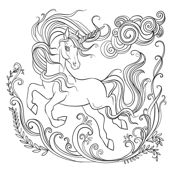 Прыгающий Изолированный Единорог Длинной Гривой Цветочной Композицией Tangle Style Взрослых — стоковый вектор