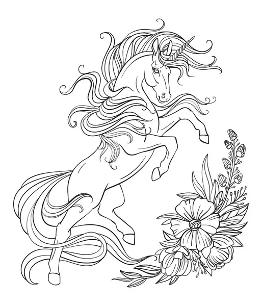 Dibujo Unicornio Criado Aislado Con Melena Larga Flores Estilo Ángulo — Vector de stock