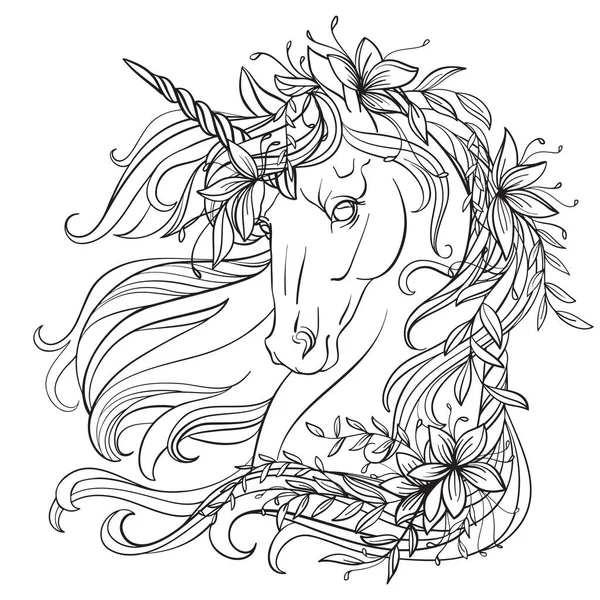 Menggambar Unicorn Terisolasi Dengan Bunga Surai Panjang Gaya Miring Untuk - Stok Vektor