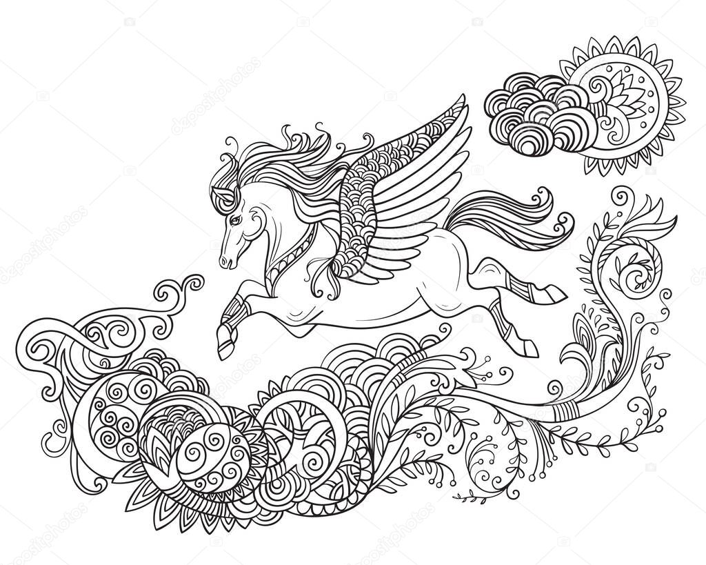 Drawing isolated horse with wings and long mane. Tangle style for adult coloring book, tattoo, t-shirt design, logo, sign. Stylized illustration of horse unicorn in tangle doodle style.