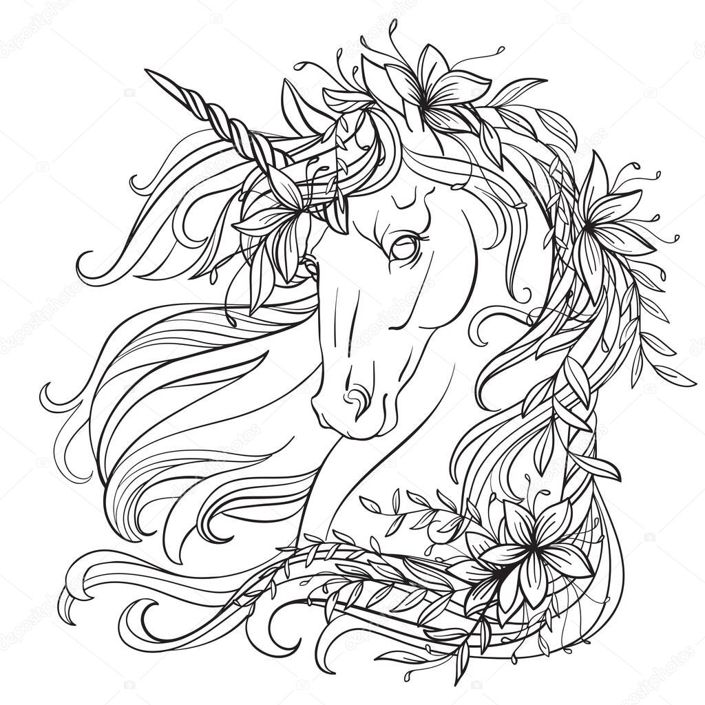 Drawing isolated unicorn with flowers in its long mane. Tangle style for adult coloring book, tattoo, t-shirt design, logo, sign. Stylized illustration of horse unicorn in tangle doodle style.