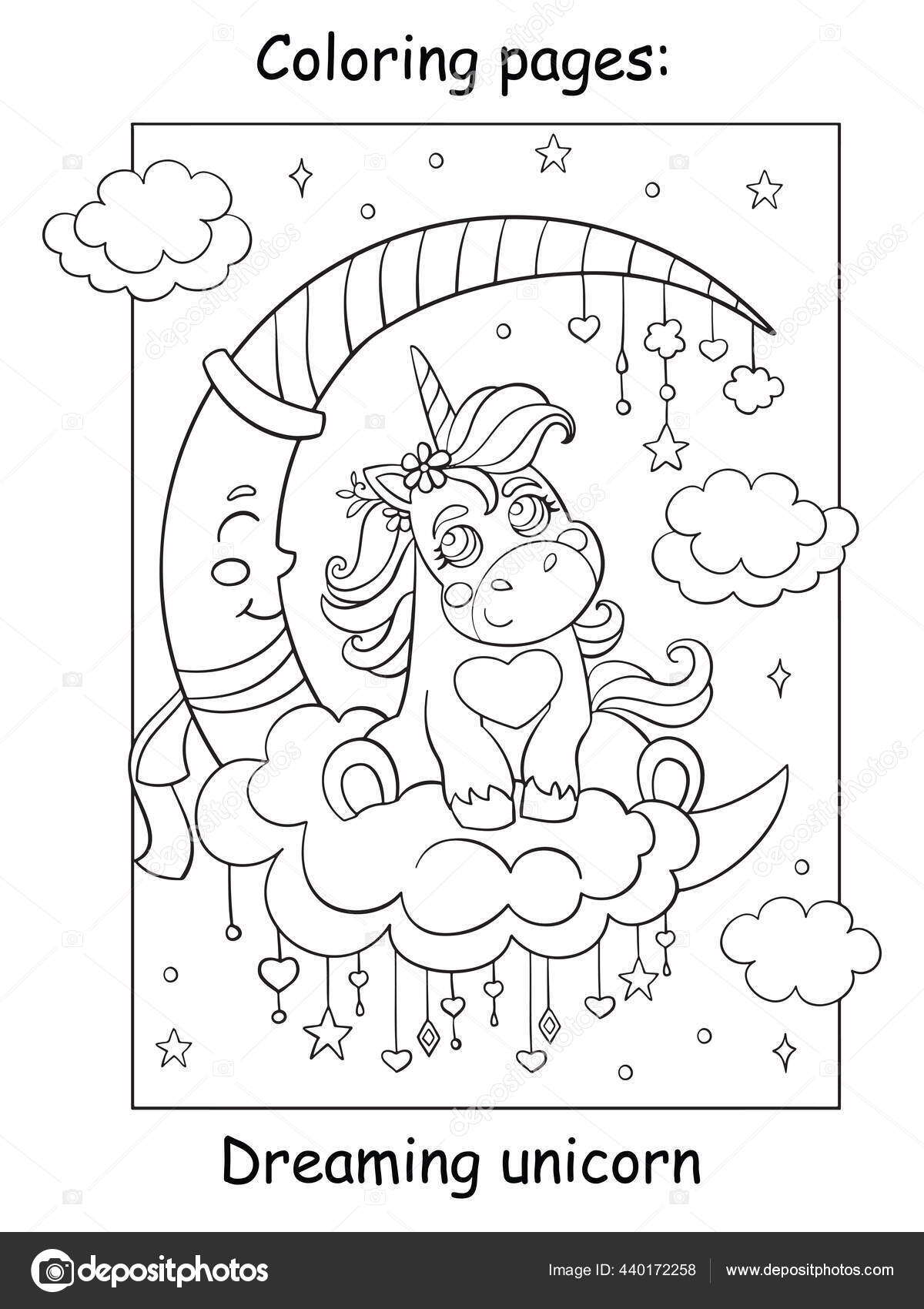 lindo unicórnio feliz sentado nas nuvens olhando para a ilustração de  contorno do céu noturno. página de livro de colorir fácil para crianças.  15697089 Vetor no Vecteezy