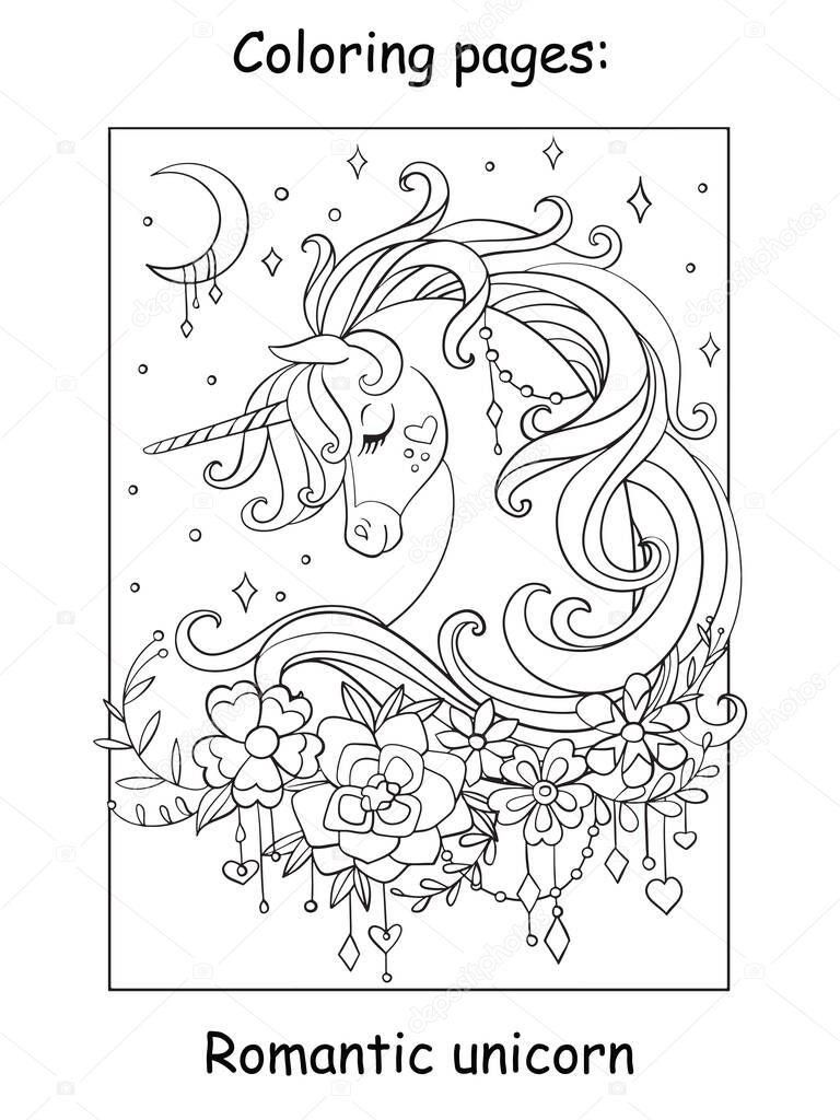 Cute romantic unicorn portrait with moon and stars in the cloudy sky. Coloring book page. Vector cartoon illustration isolated on white background. For coloring book, preschool education, print and game.
