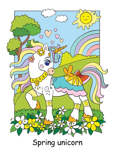 Carino unicorno primaverile con fiori vettore colorato — Vettoriale Stock