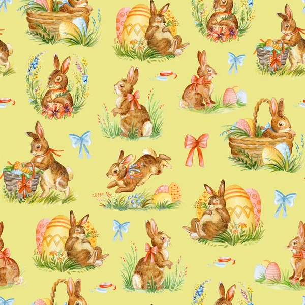 Безшовний Візерунок Концепцією Весняного Великодня Пасхальний Акварельний Візерунок Милими Кроликами — стокове фото