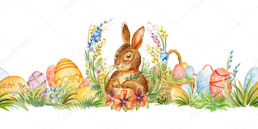 Seamless border with spring easter concept. Watercolor border with cute rabbit, flowers and easter eggs isolated on white background. For decor, print, wallpaper, tissue, scrapbooking, packaging paper