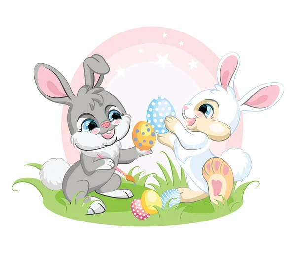 Coelhos Brancos Cinzas Bonitos Pintam Ovos Easter Ilustração Colorida Isolada —  Vetores de Stock
