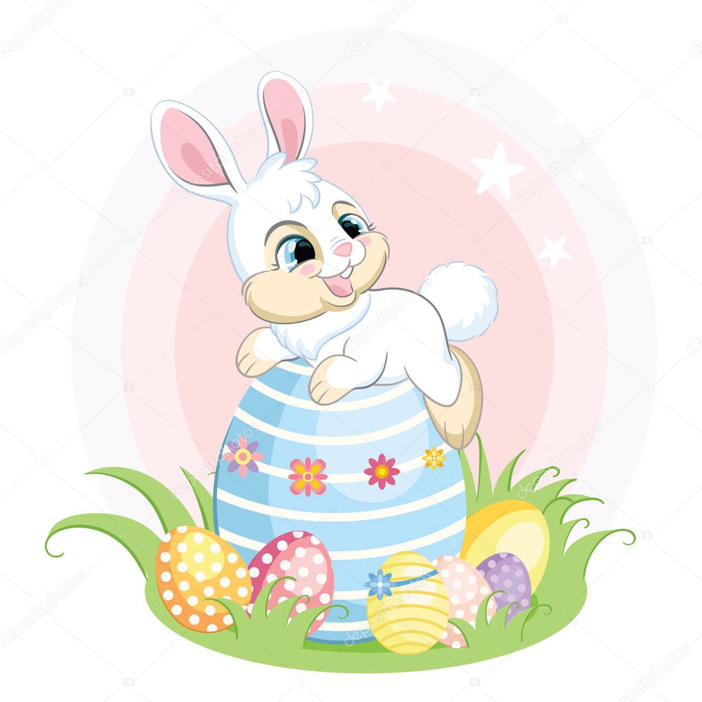 Cute white bunny character lying on a big easter egg. Colorful illustration isolated on white background. Cartoon character rabbit easter concept for print, t-shirt, design, sticker and decorating