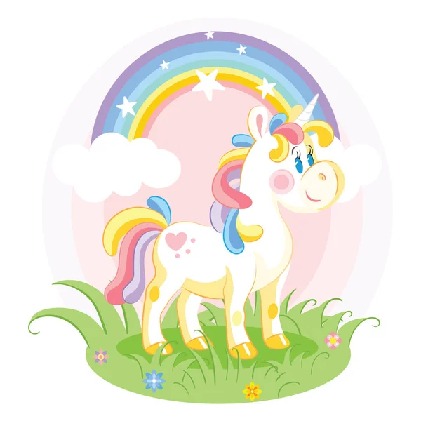 Cute Cartoon Unicorn Standing Grass Vector Illustration Isolated White Background — Stock Vector