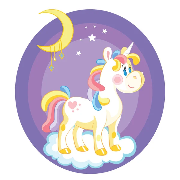 Cute Cartoon Unicorn Standing Cloud Night Vector Illustration Isolated White — Stock Vector