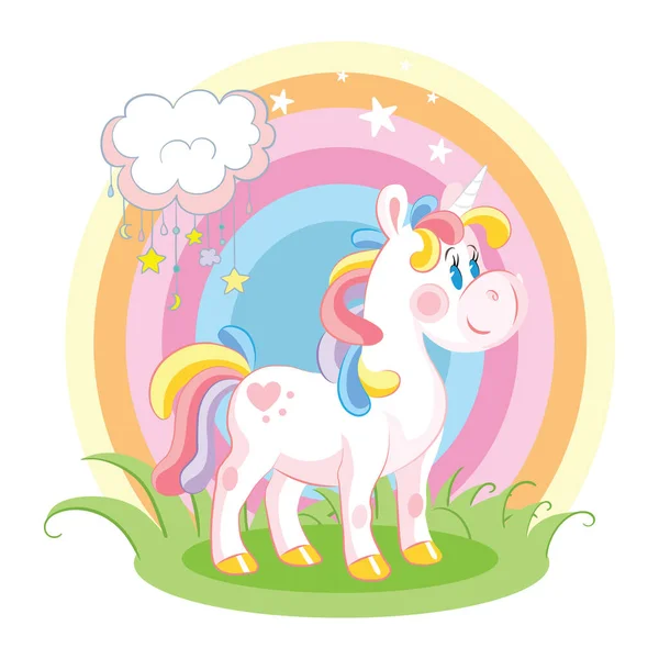 Carino Cartone Animato Arcobaleno Unicorno Piedi Erba Illustrazione Vettoriale Isolata — Vettoriale Stock