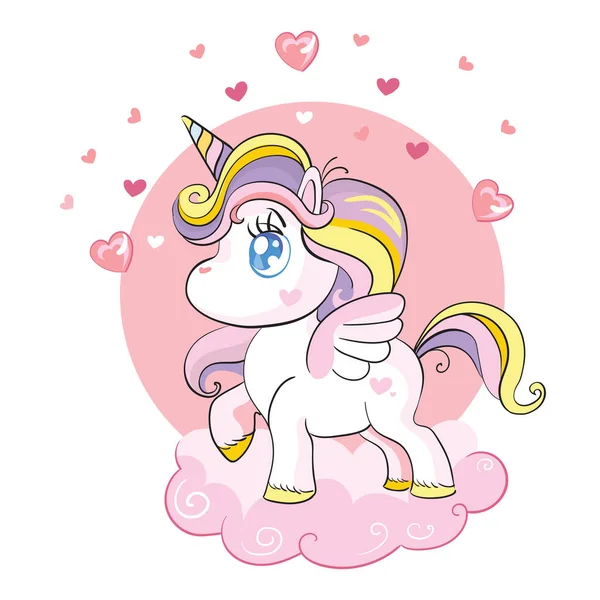 Cute Unicorn Standing Cloud Hearts Vector Illustration Isolated White Background — Stock Vector