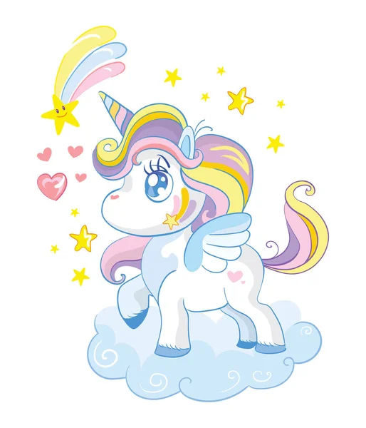 Vector Illustration Kawai Cute Cartoon Unicorn Standing Cloud Stars Isolated — Stock Vector