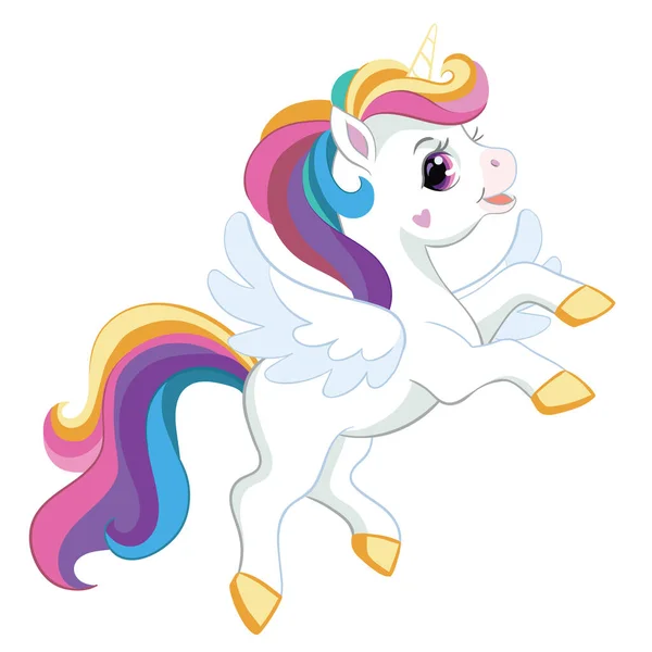 Carino Unicorno Cartone Animato Con Criniera Arcobaleno Ali Illustrazione Isolata — Vettoriale Stock